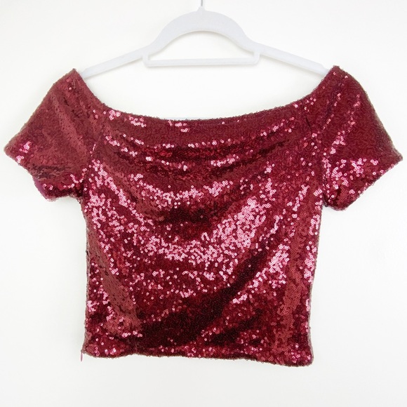 Lulu’s | Born To Stun Burgundy Sequin Off-The-Shoulder Crop Top - Picture 9 of 9